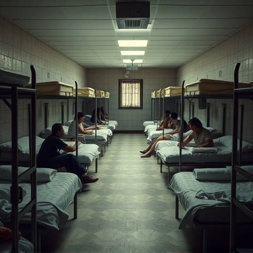 Celda comunitaria con varias camas, mostrando un ambiente de convivencia entre los internos.