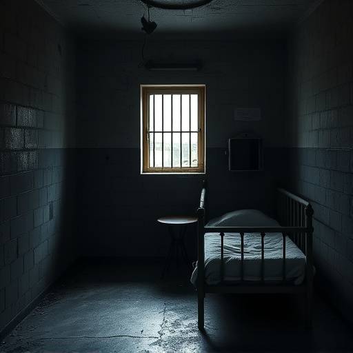 Interior de una celda individual con una cama de hierro, una mesa pequeña y una ventana enrejada.