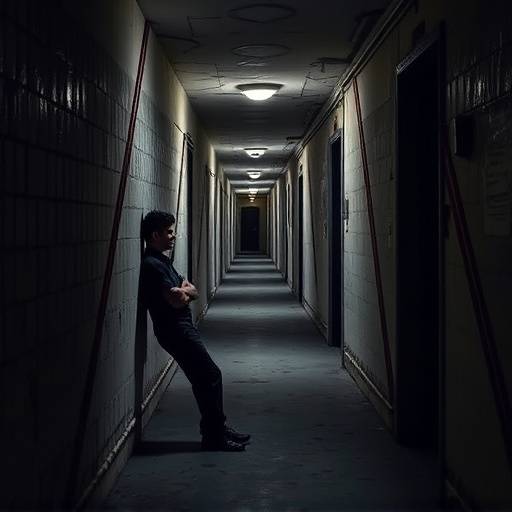 Un carcelero apoyado contra la pared, observando el corredor vacío de la Penitenciaría Alborada.