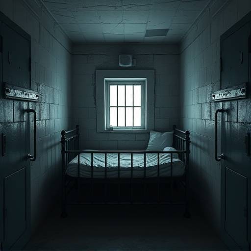 Vista interior de una celda de aislamiento, mostrando una cama de hierro y una pequeña ventana enrejada.